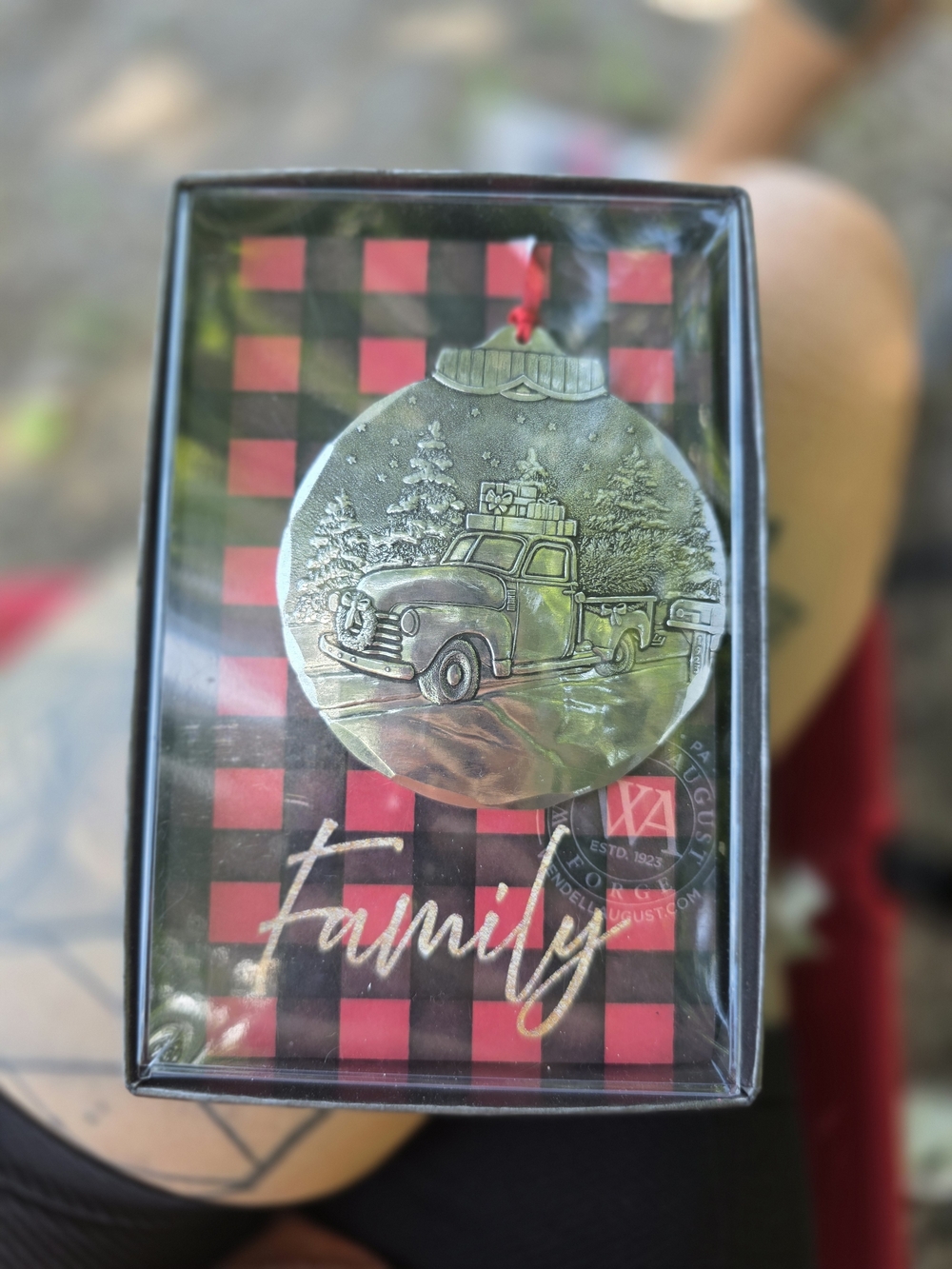 Silver Vintage Truck Holiday Ornament on Red and Black Plaid
